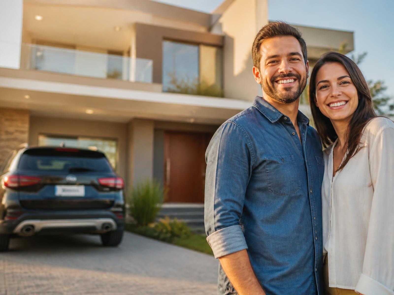 Casal comemorando a conquista da casa e do carro próprios com consórcio